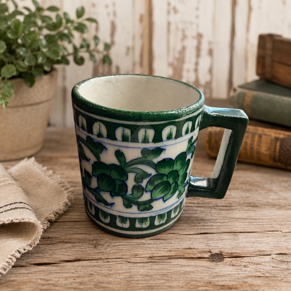 Jaipur Blue Pottery India Hand Painted Floral Ceramic Mug Green‎ Square Handle